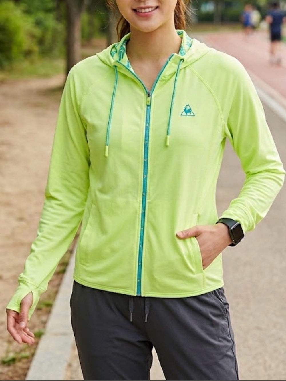 Vintage Le Coq Sportif Neon Yellow Hooded Zip-Up Jacket with Teal Trim - Picture 3 of 6
